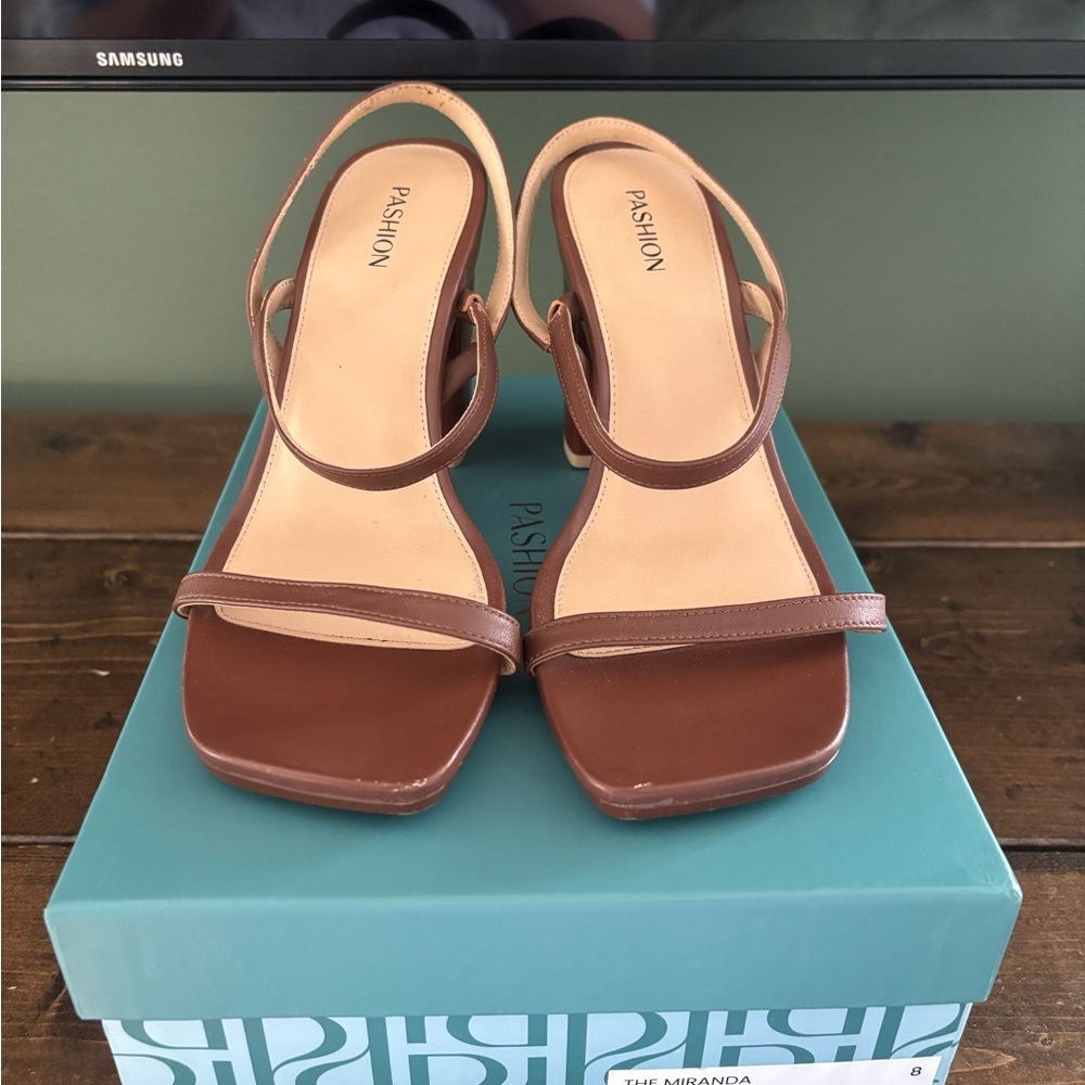 Pashion Footwear Brown Strappy Square-Toe Block Heel Sandals